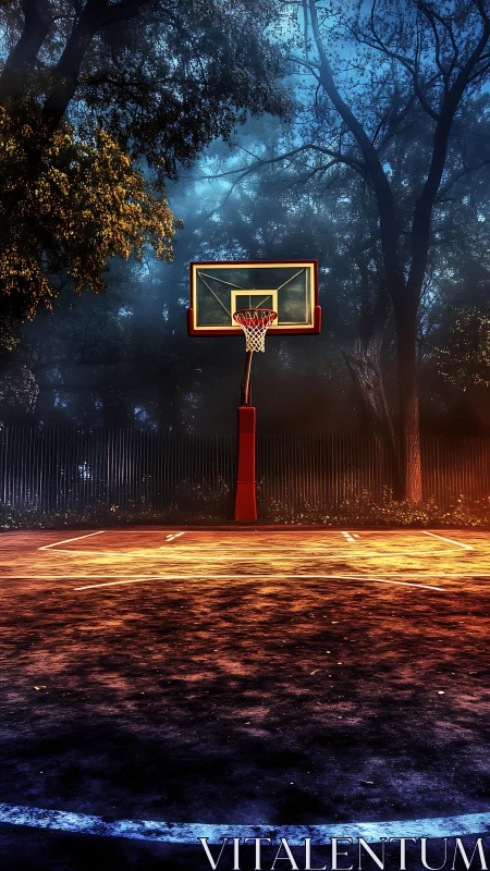 Twilight basketball court with volumetric lighting gradients.