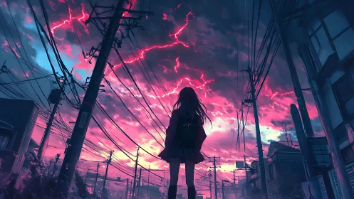 Girl beneath neon storm sky walks through electric streets