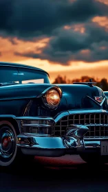 Chromed classic sedan grille under storm-lit sunset sky.