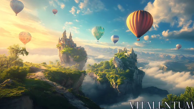 Dreamy floating castles welcome hot air balloons at sunrise