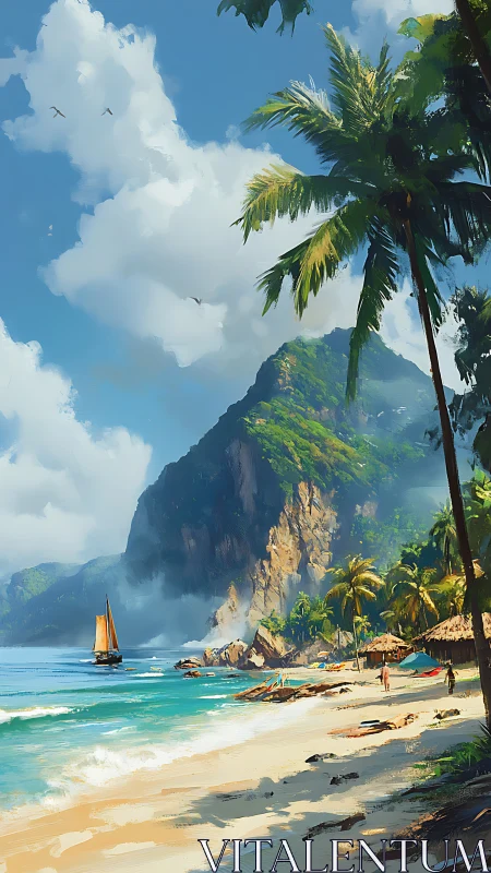 Coastal landscape with vertical cliff formation and sailboat.