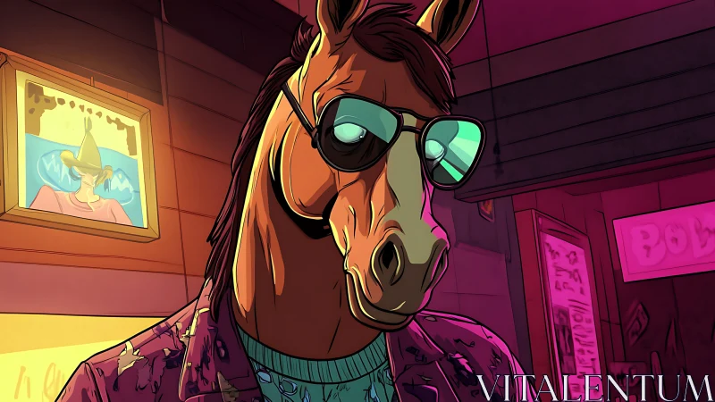 Cool horse-headed character in neon lounge lighting.