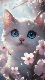Cerulean-Eyed Feline Dreams Among Cherry Blossoms