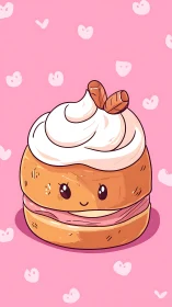 Frosting-crowned kawaii pastry beams softly in pink dreamland