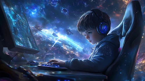 Focused kid gamer in neon sci fi space battle world.