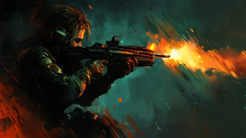 Gunfire carves a comet trail through stormy teal darkness