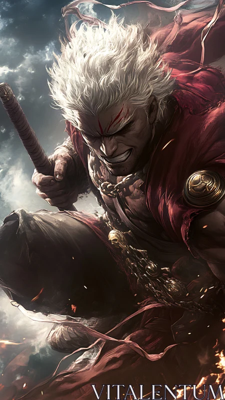 White haired warrior lunges through stormlit battlefield.