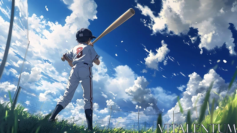Young batter dreaming big under a wide summer sky.