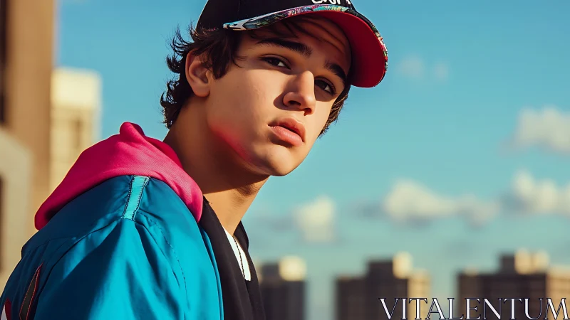 Urban rooftop portrait under shallow-depth chromatic skylight.