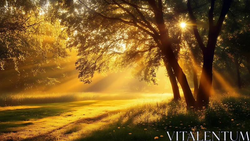 Golden sunlight streaming through tranquil forest at sunrise.
