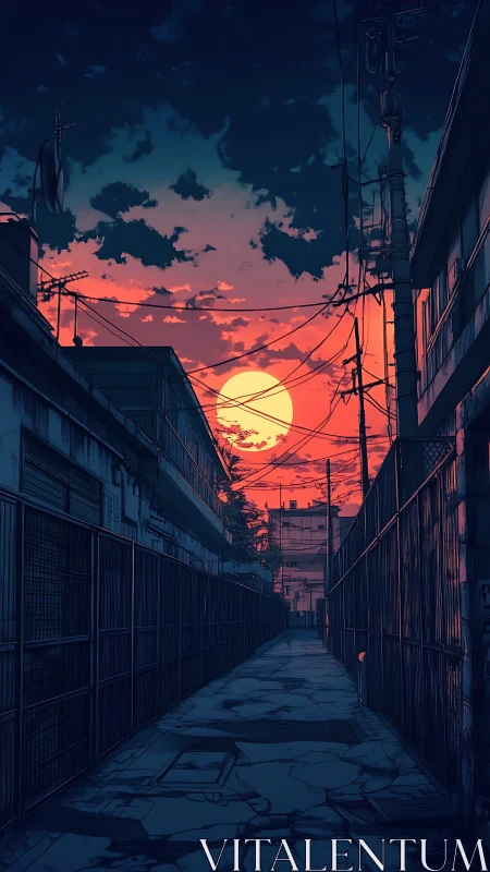 Neon dusk alleyway with power lines under oversized sunset sky