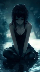 Rain-soaked girl kneels in blue nocturnal solitude.