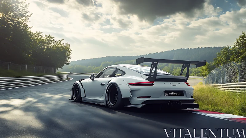 Sunlit track day with a winged white sports car poised.