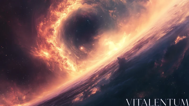 Cosmic storm eye engulfs tilted planet horizon