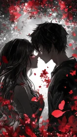 Red petals swirl around a tender almost-kiss in shadow.