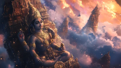 Divine sky temple deity amid glowing celestial clouds