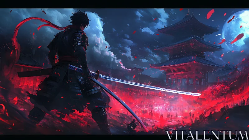 Armored swordsman overlooks burning pagoda under saturated lunar backlight