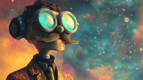 Surreal steampunk dreamer studies luminescent cosmic sky.