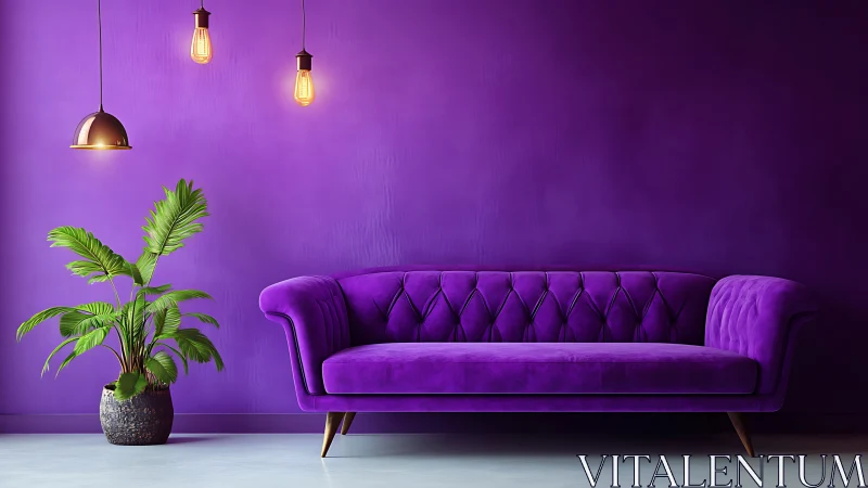 Vibrant purple sofa anchors minimalist modern living room
