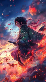 Sword-bearing figure in floral robe amid drifting embers.