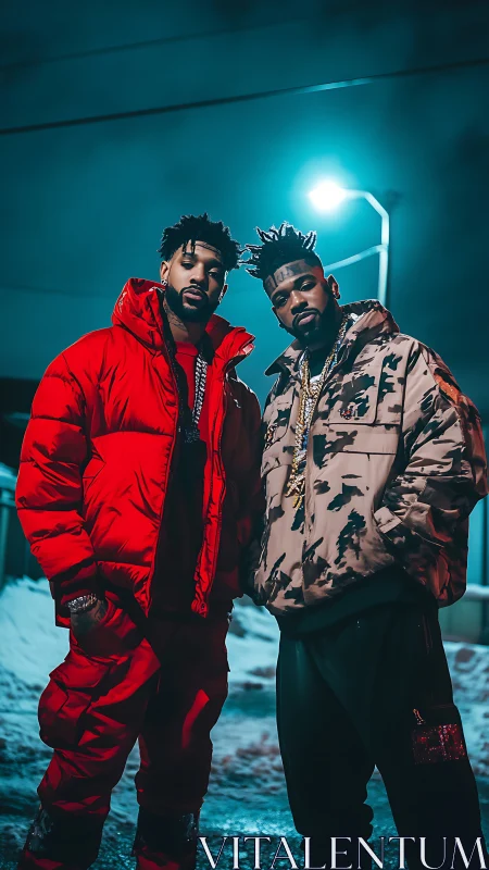 Streetwear duo dominate neon winter night portrait.