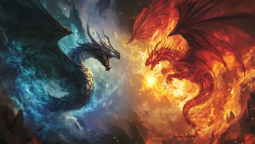 Elemental fire and ice dragons clash in a cosmic battle.