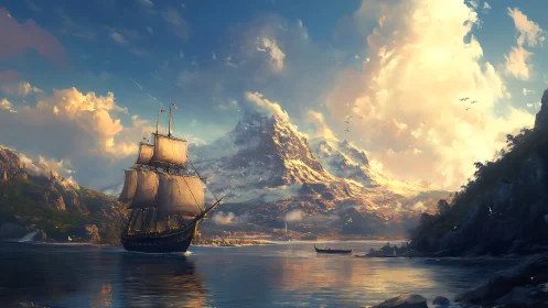 Sunlit tall ship drifting toward a storybook mountain haven.