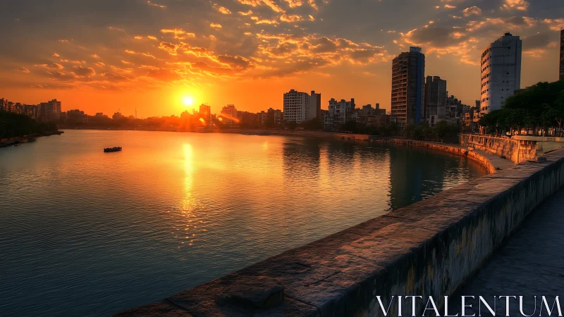 Urban riverfront sunset with glowing sky and skyline reflection.