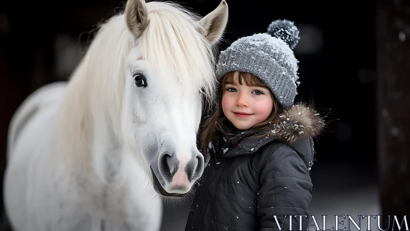 Snow-kissed friendship glows between child and white horse