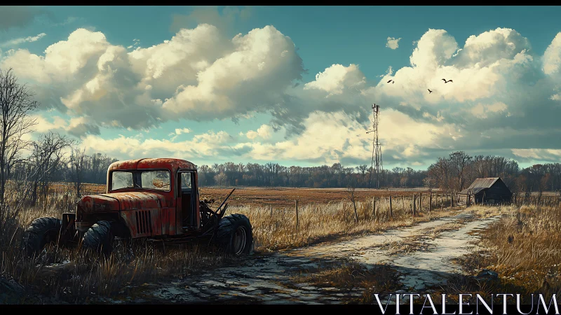 Rusting truck and winter field under volumetric cloudscape.