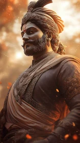 Regal warrior figure in ornate attire with warm bokeh light.