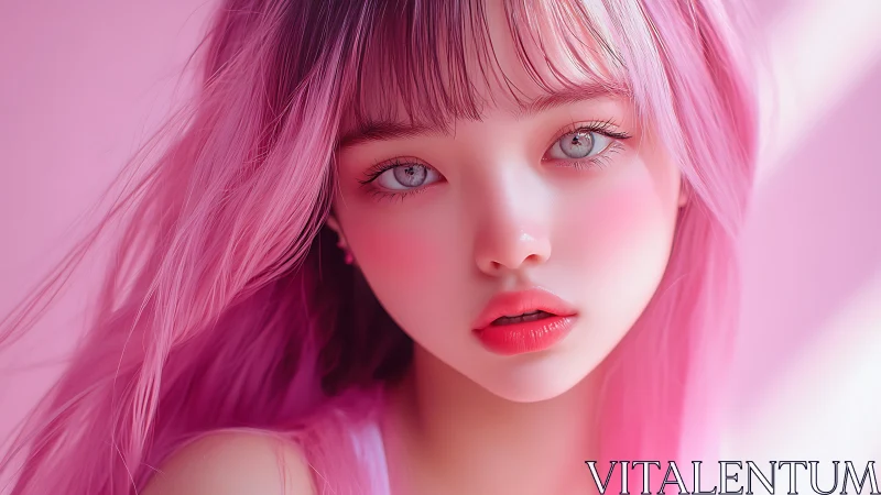 Soft pink-haired beauty with dreamy pastel gaze and glow.