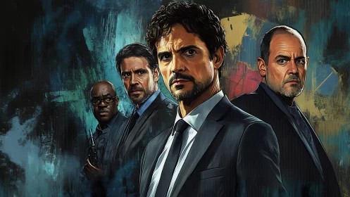 Intense suited agents in stylized noir digital portrait.