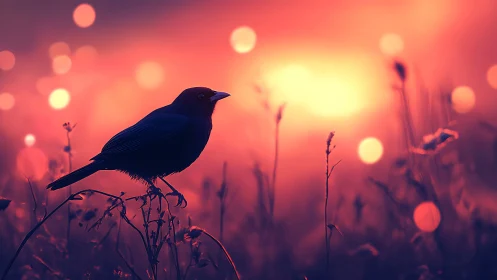 Silhouette of small bird against vivid sunset bokeh sky.