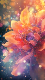 Radiant macro flower glows in dreamy, multicolor bokeh haze.