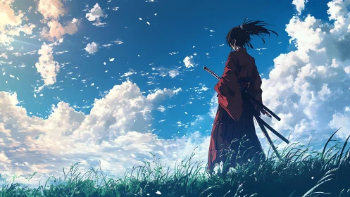 Samurai silhouette under expansive bright sky panorama.