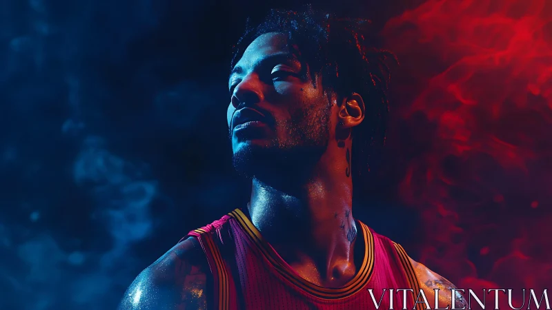 Basketball player portrait in dramatic red and blue lighting.
