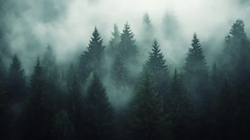 Misty Coniferous Forest Landscape with Layered Pine Trees.