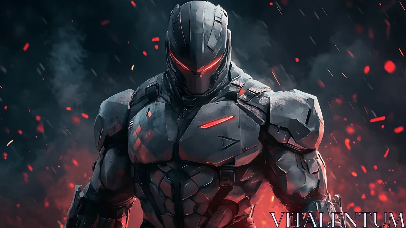 Armored cyber warrior stands strong in glowing embers