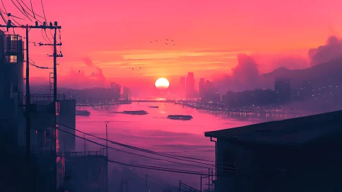 Electric sunset over neon river city skyline panorama.