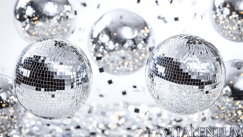 Specular mirrored disco spheres with confetti in suspension.