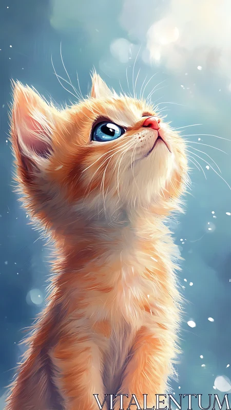 Heavenward Gaze: Orange Kitten's Dreamy Ascension Into Luminous Sky