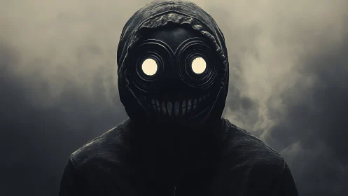 Hooded humanoid with glowing goggles rendered in moody chiaroscuro
