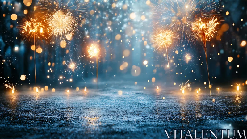 Sparkling fireworks dance brightly across a misty night sky