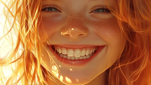 Digital painting portrait with luminous redheaded smile closeup.