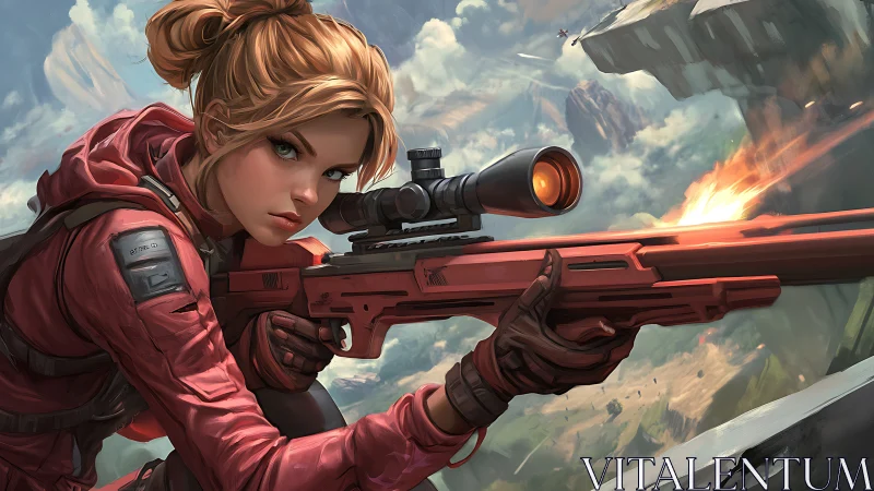 Tactical operator with scoped rifle overlooking mountain terrain.