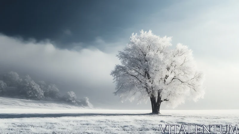 Solitary frost covered tree on open snow field under sky.