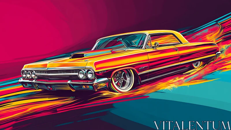 Chrome comet lowrider streaking through neon sunset lanes.