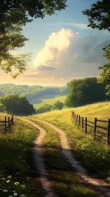 Country dirt road winding through sunlit green fields.