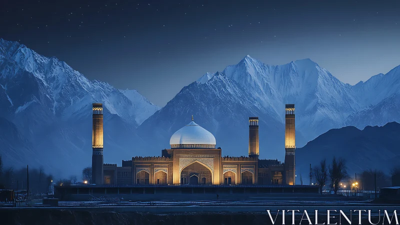 Snowbound peaks cradle a moonlit mosque of quiet fire